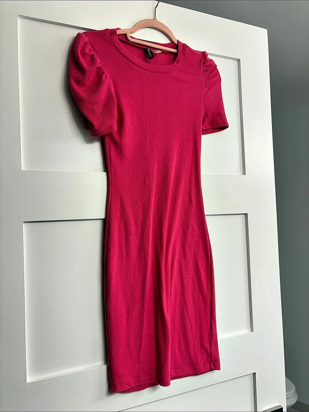 H&M Divided Ribbed Puff Sleeve Bodycon Dress Pink XS